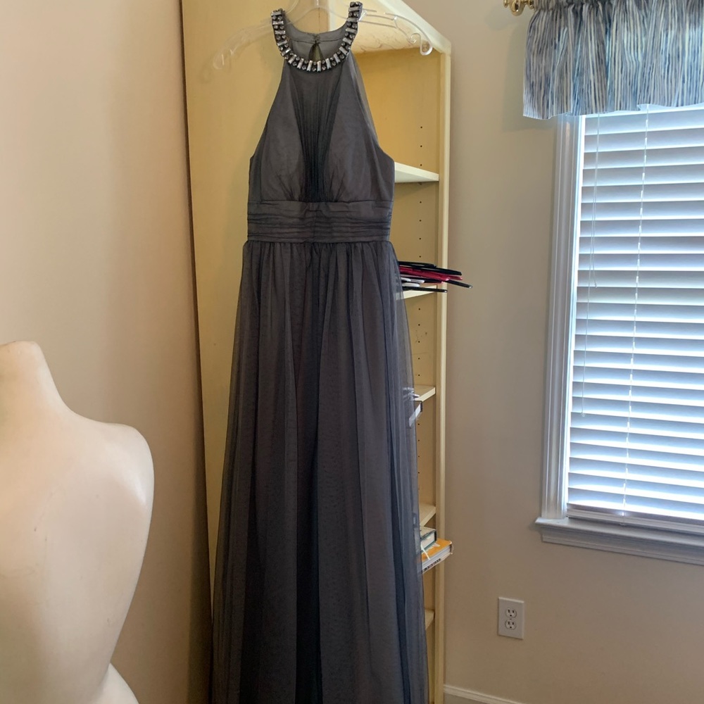 Navy and silver tulle evening gown